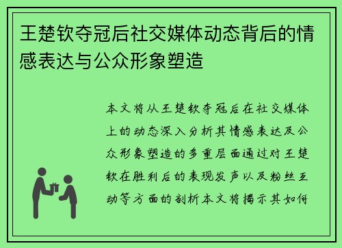 王楚钦夺冠后社交媒体动态背后的情感表达与公众形象塑造