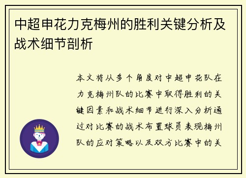 中超申花力克梅州的胜利关键分析及战术细节剖析