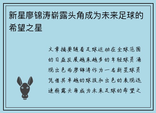 新星廖锦涛崭露头角成为未来足球的希望之星